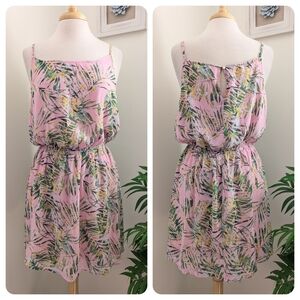 Staccato Pink Palm Leaf Floral Print Mini Summer Dress Large